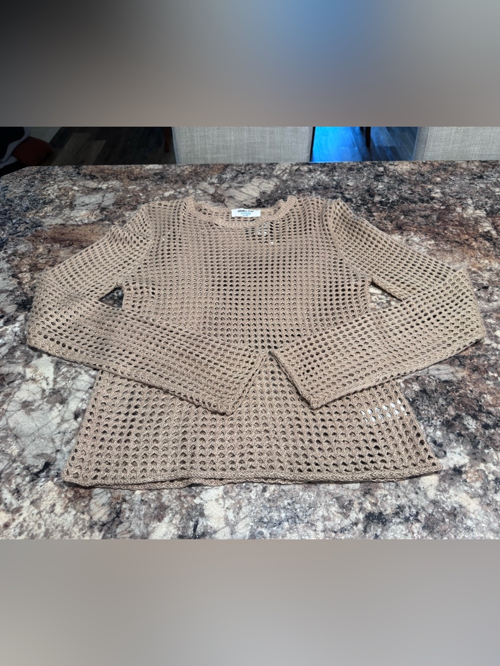 Double Zero Open-Knit Crewneck Sweater in Taupe